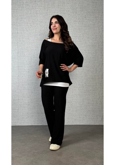 Sensuelle Kadın Kısa Kollu Omuzlardan Açık Yarasa Kollu Bürümcük Bluz Ve Pantolon Ve Viskon Atlet Siyah