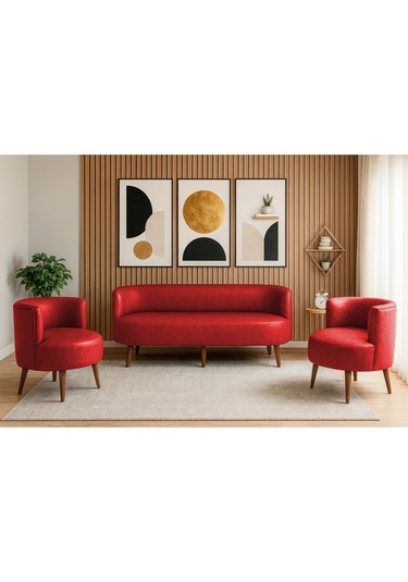 Sydney Koltuk Takımı 3+1+1 Dekoratif Modern Deri Koltuk Seti Ofis Ve Ev Kullanımı - Kırmızı Kırmızı