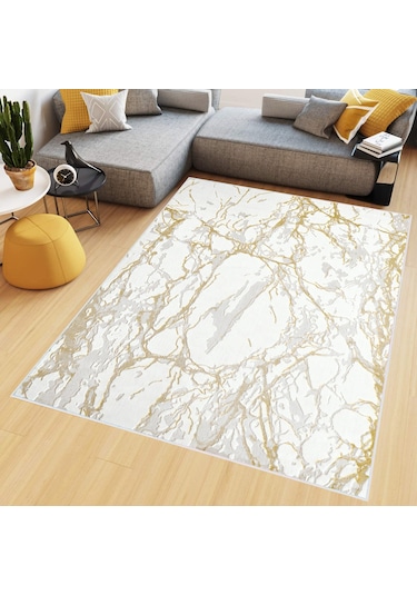 Rovigo Home Dijital Baskı Yıkanabilir Kaymaz Taban Salon Halısı Rvg0673 Beyaz