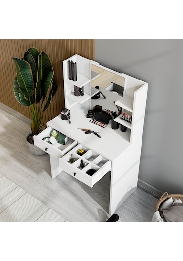 2210 Shıny Aynalı 2 Çekmeceli 80 Cm Makyaj Masası Beyaz
