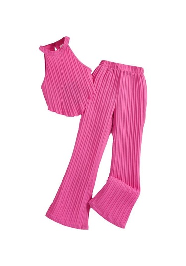 7-12y Kızlar Büyük Kız Takım Elbise Çocuk Yaz Yeni Moda Askılı Boyun Yelek Üst Dalga Şerit Pantolon 2 Adet Kırmızı