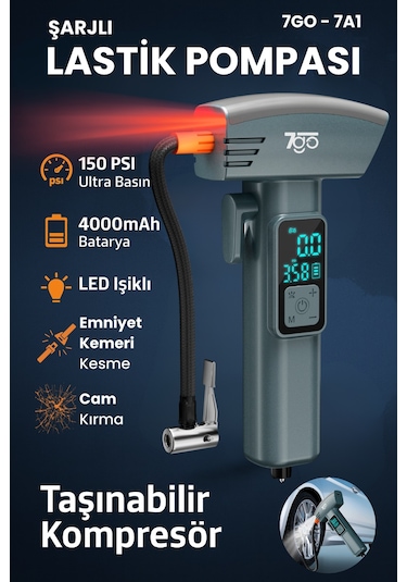 7go 7a1 Hava Pompası 150 Psı Ultra Basınç 4000mah Batarya Led Işıklı & Lcd Ekranlı Taşınabilir