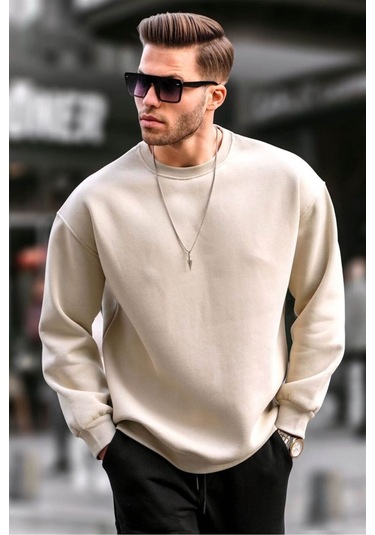 Siyah Bisiklet Yaka Sweatshirt Bej