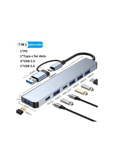 Youmex Usb-c Ve Usb-a'dan 7 Çıkışlı Usb Hub: Usb3.0, 4xusb2.0, Pd Şarj Ve Veri Portu - Uzay Gri