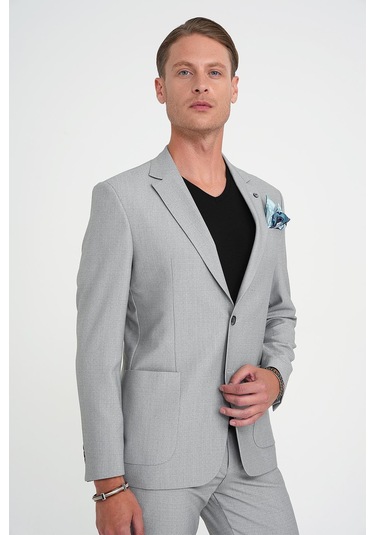Slim Fit Torba Cep Esnek Pamuk Düz Gri Blazer Ceket C 712 Gri