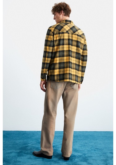 Allenı Erkek Pamuk Gömlek Yaka Relaxed Oduncu Safran Sarı Gömlek