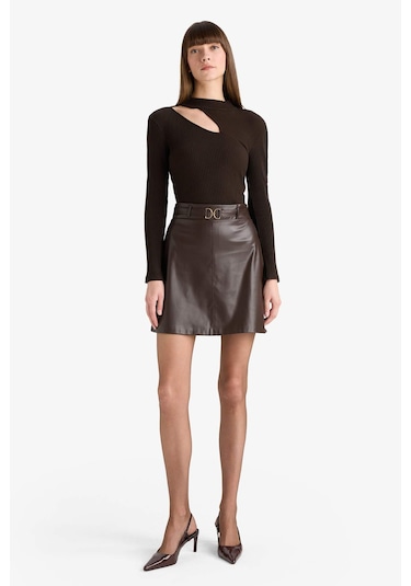 Defacto A Kesim Normal Bel Suni Deri Mini Etek G1895ax25aubn45 Kahve