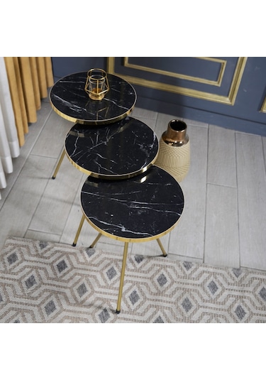 Zigon Sehpa 3'Lü Altın Metal Ayak 2 Renk Seçenekli