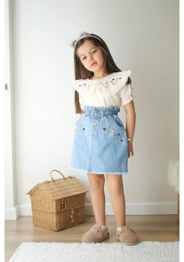 Çiçek Nakış İşlemeli Kot Etekli Kız Çocuk Takım Mavi