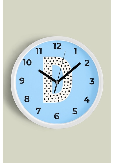 D Harfi Erkek Odası Duvar Saati - 42cm - Önü Camlı Beyaz Kasa - Sessiz Mekanizma Beyaz