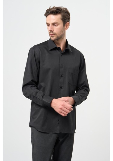 Siyah Uzun Kol Düz Bez Ayağı Sert Yaka Cep 30 Pamuklu Classic Comfort Fit Gömlek 1004245269 001 Siyah