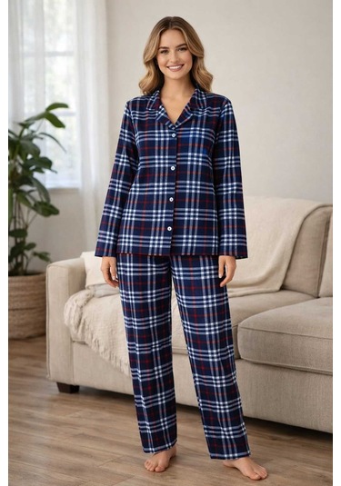 Tenra Kadın Pijama Takımı Boydan Düğmeli Likralı Viskos Kumaş Lacivert