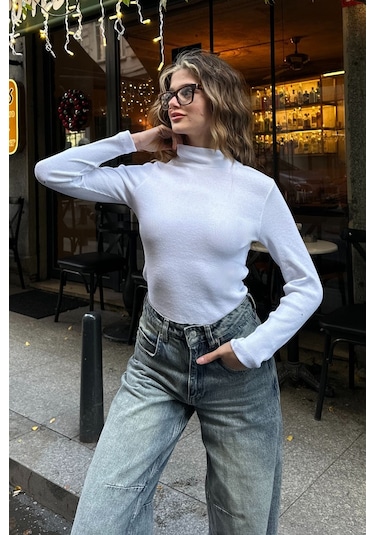 Saks Yarım Balıkçı Şardonlu Fitilli Bluz Beyaz