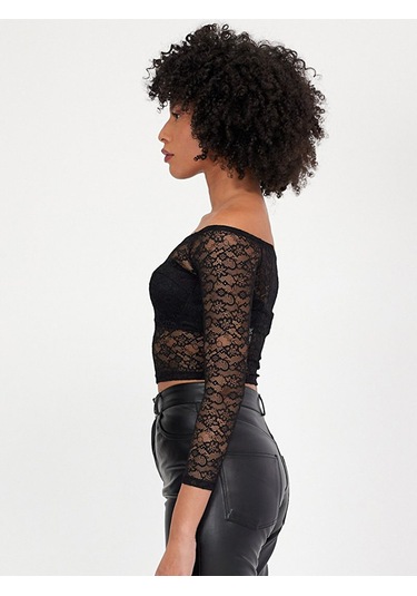 Ltb Dantel Omuzu Açık Crop Top Sweatshırt Siyah 013198124261622 - 200