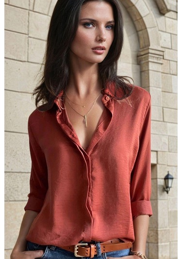Bordo, Gizli Düğme Detaylı, Regular Kesimli, Saten Gömlek Bordo