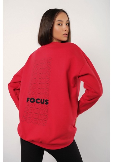 Modagen Kadın Kırmızı Focus Sırt Baskılı Bisiklet Yaka Oversize Sweatshirt Kkırmızı