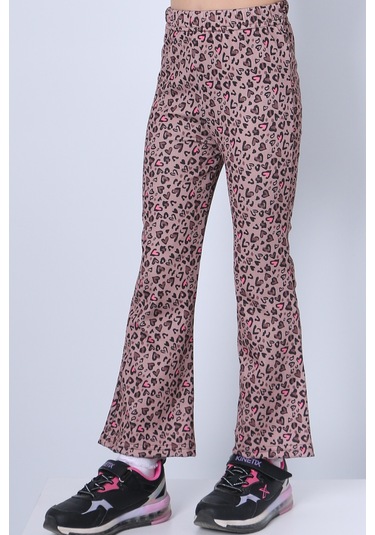 Kız Çocuk Tayt Leopar Ve Kalp Desenli İspanyol Paça C53 Pembe