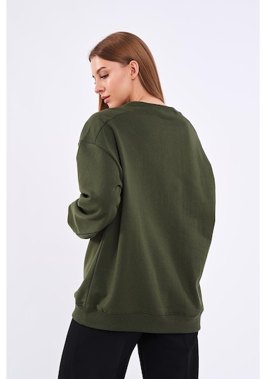 Comeor Haki Kadın Pamuklu Oversize Basic Bisiklet Yaka Sweatshirt 001