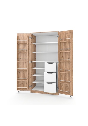 165 Derece Açılabilir 2 Kapaklı, 3 Çekmeceli, Kavanoz Raflı Kiler Ve Erzak Mutfak Dolabı Atlantik Çam