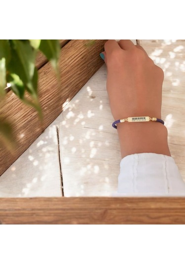 Archin Piyano Temalı Dikdörtgen Motifli Mor Derili 14 Ayar Altın Plakalı Hediye Bileklik-412sembol Piyano