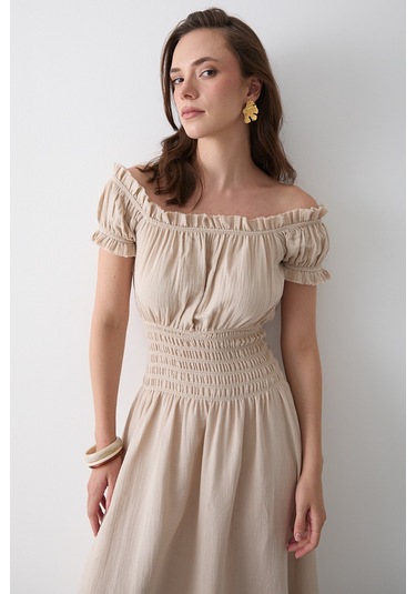 Natural Büzgülü Elbise - 2002 Bej