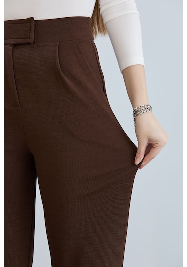 Kadın Gri Cırt Cırtlı Kapama Rahat Palazzo Likralı Esnek Beli Lastikli Pantolon Yüksek Bel Kahverengi