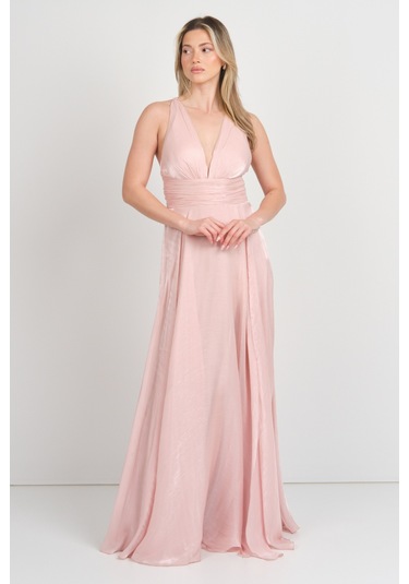 Doridorca Kadın Derin V Yaka Şifon Uzun Abiye Elbise 7065 Pudra Pudra