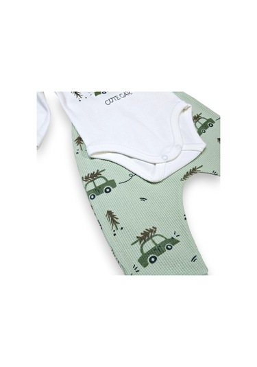Araba Desenli Hırkalı Erkek Bebek Takım Su Yeşili