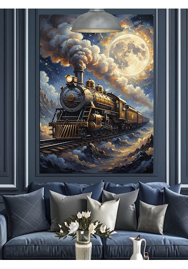 Gece,dolunay Ve Retro Kara Tren Dekoratif Kanvas - Mdf Ahşap Tablo