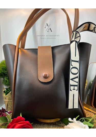 Kontrast Biye Detaylı Modern Dikey Tote Çanta Love Askılı Kahve