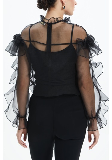 Kadın Volan Detaylı Şifon Bluz Çiçek Yaka Tasarım, Uzun Kollu Siyah