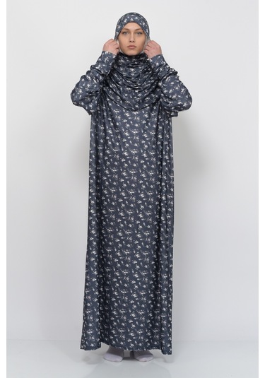 Pratik Tek Parça Çiçek Desenli Kollu Tak Çıkar Başörtülü Likralı Tesettür Namaz Elbisesi 990-0201 Siyah Antrasit