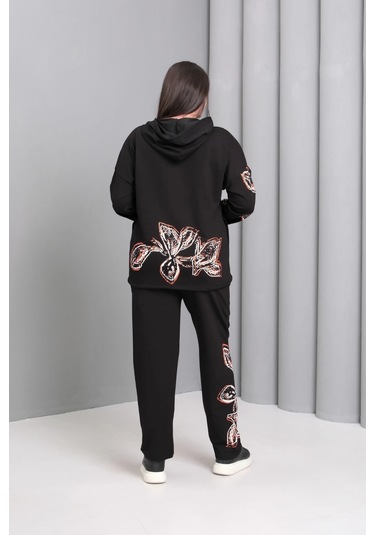 Kapüşonlu Fermuarlı Baskılı Takım Siyah
