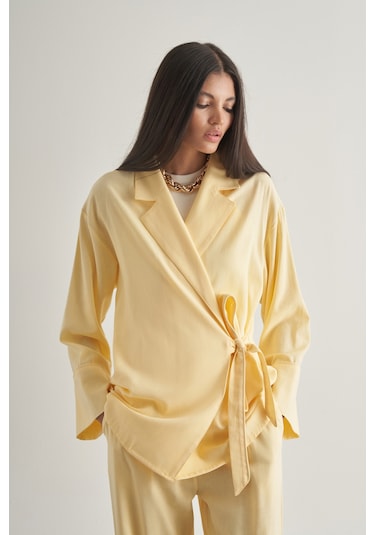 Mizalle Keten Karışımlı Anvelop Bağlı Sarı Kimono Ceket Sari