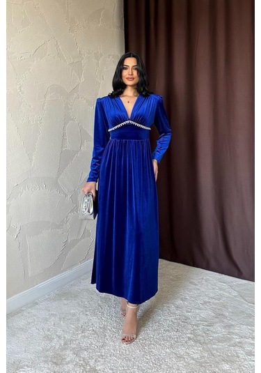 Saks Göğüs Altı Taşlı Elbise Saks