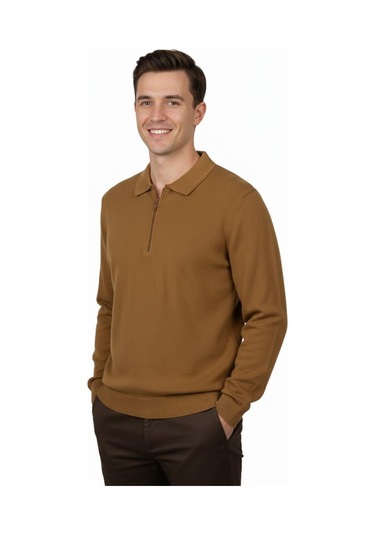 Erkek Regular Fit Polo Yaka Petek Triko Kazak Bgl-st04825 Camel