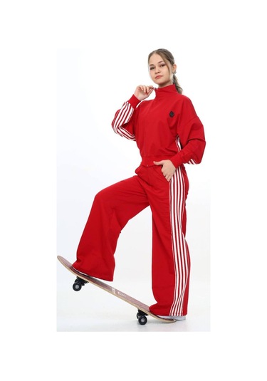 Kız Çocuk %100 Pamuk Oversize Alt&üst Uzun Kol Eşofman Takımı-183-eşt-0023 Kırmızı