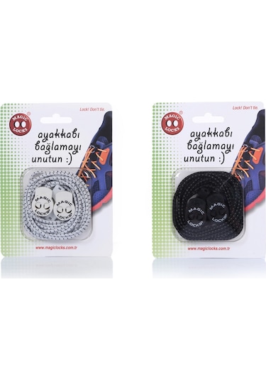 Magic Locks Yuvarlak Akıllı Ayakkabı Bağcık 2'li Set Siyah-beyaz