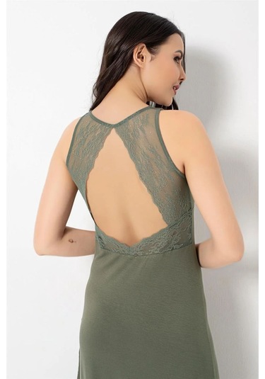Monamise Kadın Haki Göğüs Ve Sırt Dekoteli Brode Dantelli Yırtmaçlı Gecelik 18485 Haki
