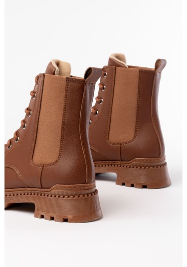 2051-298 Taba Düz Topuklu Bağcıklı Lastikli Günlük Kadın Bot Acı Kahverengi