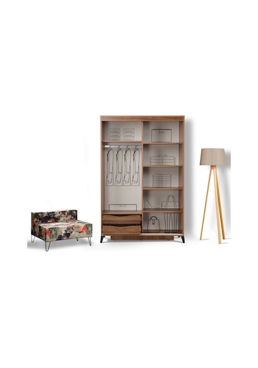 Pasifichome Huga Sürgülü Gardırop Ceviz 140Cm / 2 Kapaklı Çekmeceli Dolap