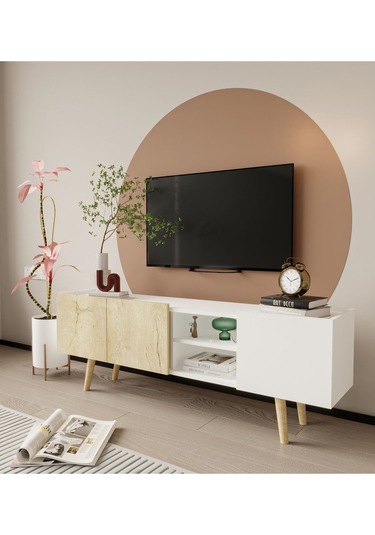 Milano Ahşap Ayaklı Modern Tv Ünitesi 160 Cm Safir Meşe - Beyaz