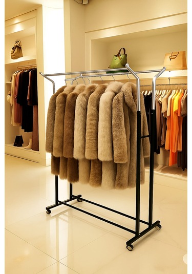 V Ayarlı 125 Cm En Çelik Konfeksiyon Elbise Askılık Tekerli Portatif E Raf Home Hanger Siyah