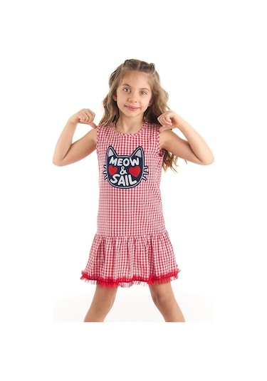 Denokids Mushi Denizci Kedi Kız Elbise Kırmızı