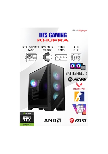 MSI DFS Gaming Khufra R7-9700X 32 GB 1 TB M.2 SSD 16 GB RTX5060TI Dos Masaüstü Oyuncu Bilgisayarı