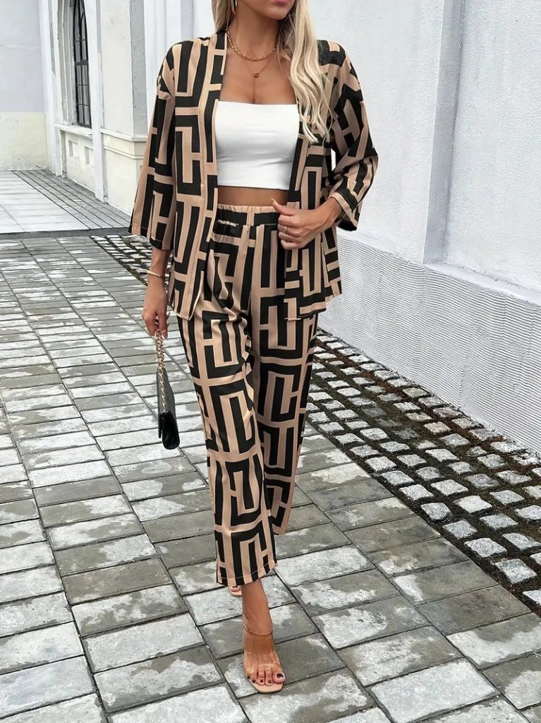 Tua Moda Kadın Uzun Kollu Önü Açık Desenli Iki Iplik Ceket Ve Pantolon Ikili Takım Kahve