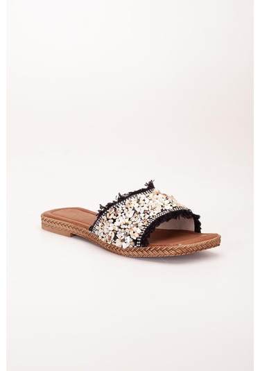 Kadın Düz Topuklu Terlik Siyah Taşlı Püsküllü Kalın Tekbant-3922 Siyah