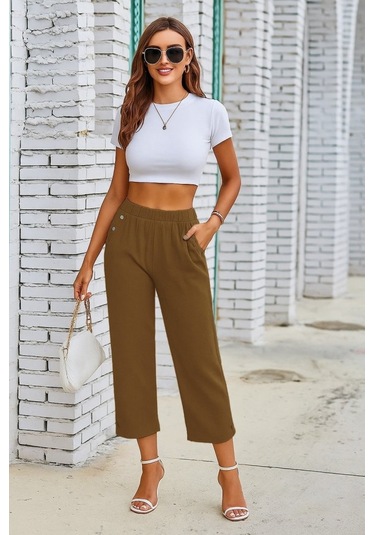 Simala Kadın Beli Lastikli Düğme Ve Cep Detaylı Kapri Ithal Keten Pantolon Hardal