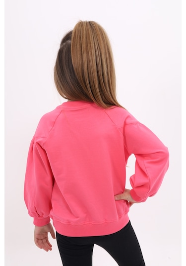Toontoy Kız Çocuk Relax Fit Bisiklet Yaka Büzgülü Reglan Kol Sweatshirt - 2 İplik Fuşya
