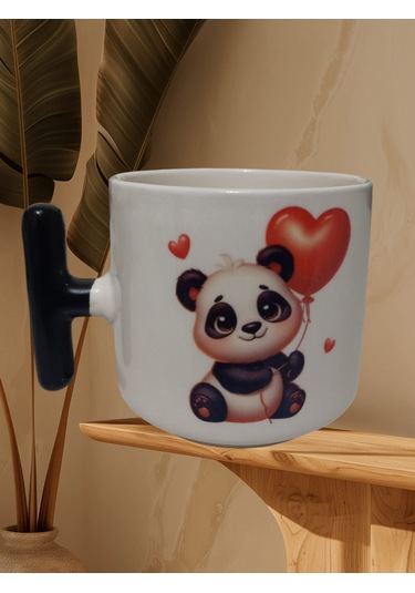 Sevimi Kalpli Panda Çift Taraf Baskılı T Kupa Bardak Siyah T